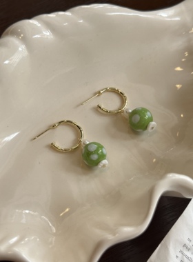 春夏波点奶绿球耳环 日常可爱清新简约耳饰 圆圈轻复古耳钉