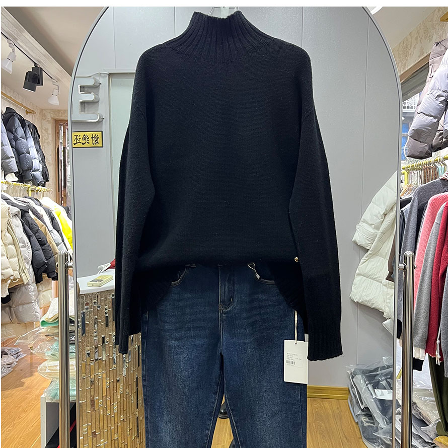 2024黑色打底100%绵羊毛衫女秋冬半高领中长款包臀加厚毛衣套头衫