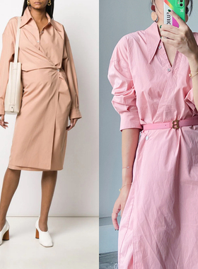 孤品断码清 法国小众Lem@aire粉色蓝色裹身不对称连衣裙全棉