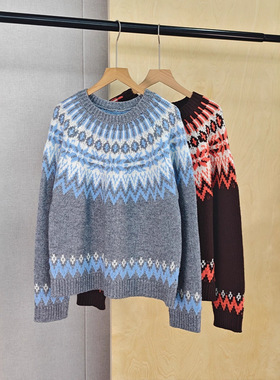 绵羊毛混纺费尔岛慵懒套头毛衣2025秋冬新款女针织半裙套装