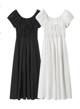 复古气质简约系带短袖纯色松紧收腰长款连衣裙~VEN&TELLA秋冬欧美