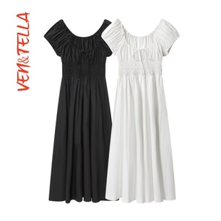VEN&TELLA秋冬欧美 连衣裙 复古气质简约系带短袖 纯色松紧收腰长款
