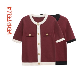 休闲气质简约拼色圆领短袖 VEN&TELLA秋冬欧美风 针织外套1822106