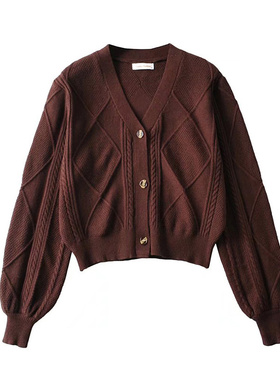 VEN&TELLA春夏~宽松纯色V领麻花针织衫外套显瘦灯笼袖短款毛衣