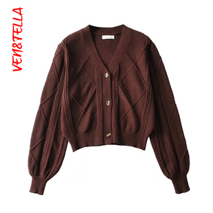 短款 外套显瘦灯笼袖 毛衣 宽松纯色V领麻花针织衫 VEN&TELLA春夏
