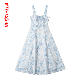 法式 VEN&TELLA秋冬欧美风 复古碎花绑带设计开叉背带连衣裙长裙