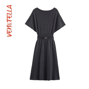 气质简约修身 VEN&TELLA秋冬欧美风 配腰带针织中长连衣裙5536122