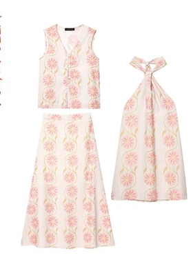 印花挂脖连衣裙背心上衣半身裙三件套~VEN&TELLA秋冬欧美风