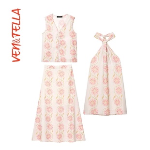 印花挂脖连衣裙背心上衣半身裙三件套 VEN&TELLA秋冬欧美风