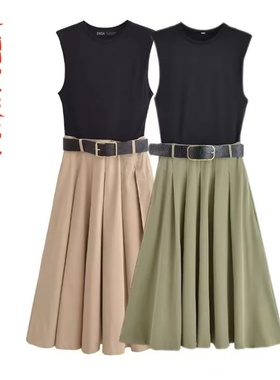 气质立领无袖修身拼接腰带连衣裙0387156~VEN&TELLA秋冬欧美风