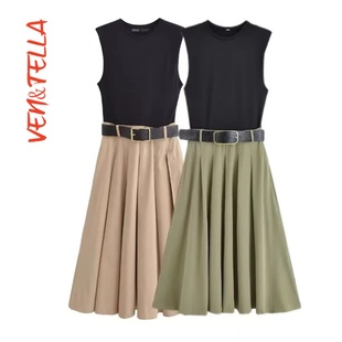 VEN&TELLA秋冬欧美风 拼接腰带连衣裙0387156 气质立领无袖 修身