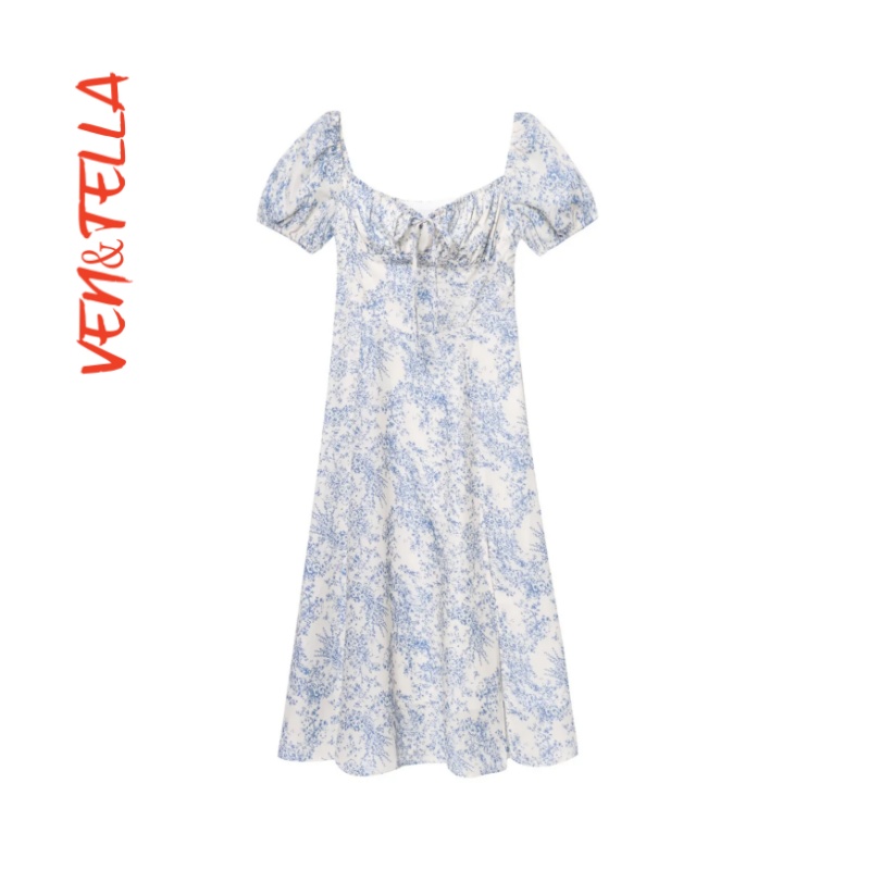 印花气质收腰泡泡袖连衣裙