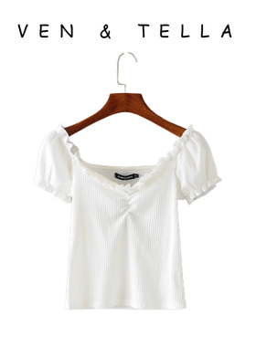 VEN&TELLA夏季欧美风~胸口褶皱木耳边针织短袖上衣少女心方领低胸