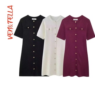 VEN&TELLA秋冬欧美风 包臀前排扣针织连衣裙短裙 复古圆领短袖 修身