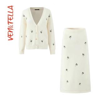 半身裙套装 中长款 VEN&TELLA秋冬 刺绣针织开衫 气质简约V领长袖