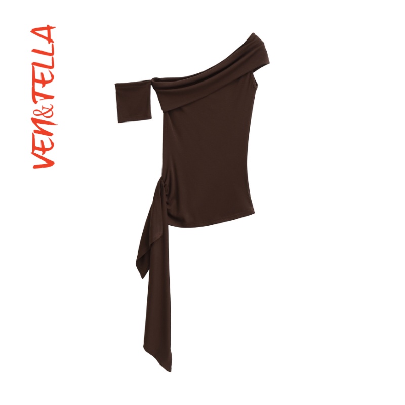 一字肩斜肩上衣面膜感短袖T恤