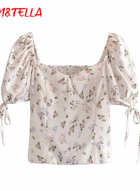 VEN&TELLA夏季欧美风~大方领短袖碎花上衣短款泡泡袖系带收腰衬衫