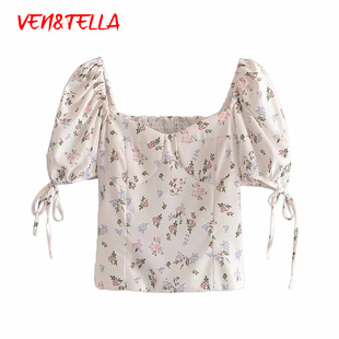 欧美风 系带收腰衬衫 大方领短袖 泡泡袖 碎花上衣短款 VEN&TELLA夏季