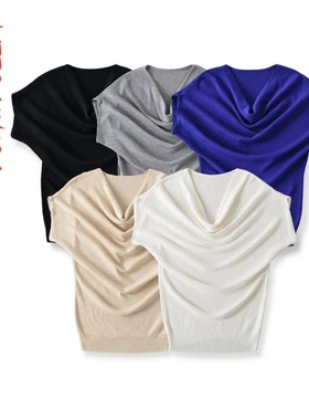 斜肩荡领针织短袖T恤女夏季慵懒风百搭显瘦休闲气质上衣