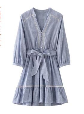 蕾丝饰边条纹迷你连衣裙 3210788~VEN&TELLA秋冬欧美风