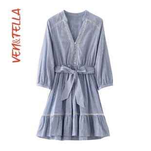 蕾丝饰边条纹迷你连衣裙 VEN&TELLA秋冬欧美风 3210788