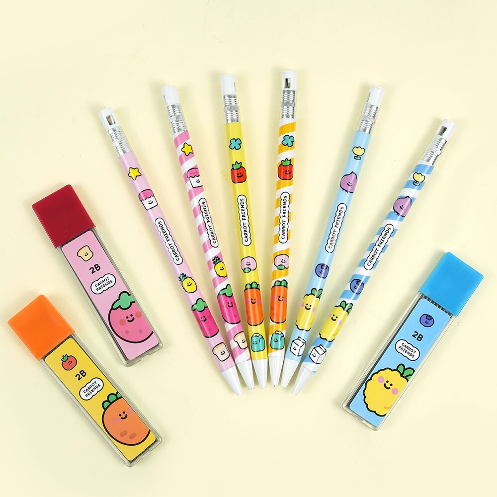 韩国pinkfoot小学生胡萝卜可爱卡通2B按压铅笔卷笔刀一体笔芯套装