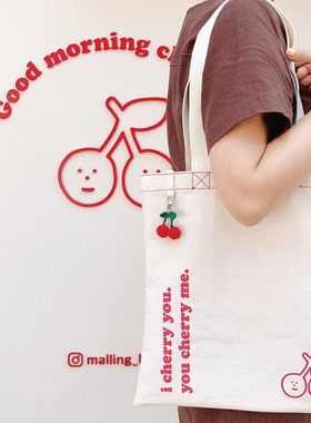 韩国malling booth可爱ins小众设计樱桃米白色帆布包单肩包环保袋