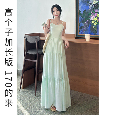 高个子加长版法式吊带连衣裙绿色