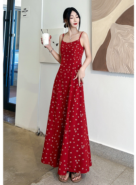 高个子175法式红色吊带波点连衣裙轻奢高级感长款收腰小众不撞款