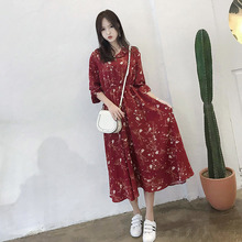 长款 过膝长袖 收腰雪纺长裙内搭 酒红色碎花连衣裙女2019新款 春秋季