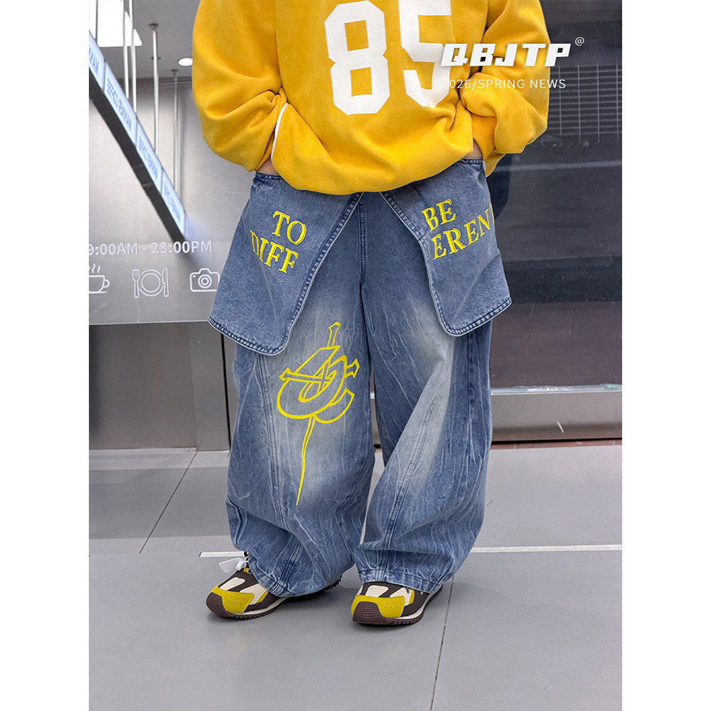 Q宝家童品3月新款 男童韩版牛仔裤儿童春季时尚百搭水洗弯刀裤子