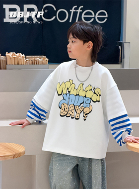 Q宝家童品2月新款 男童假两件长袖T恤春款儿童韩系条纹卫衣上衣潮