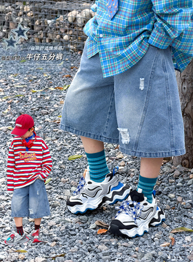 Q宝家童装4月新款 男童破洞牛仔短裤夏季薄款儿童五分裤帅气中裤