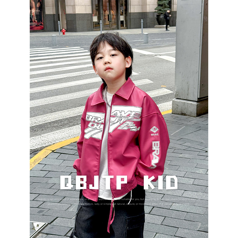 Q宝家童品2月新款 男童皮衣外套儿童春款时尚飞行夹克机车上衣潮
