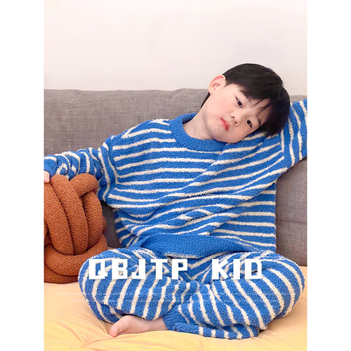 儿童家居服冬季男女童条纹睡衣套