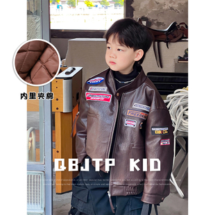 Q宝家童品10月新款 加绒飞行夹克机车上衣潮 男童皮衣外套儿童冬款