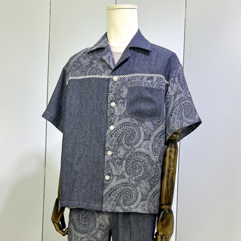 时着精梳棉麻腰果花高级时装短袖衬衫男夏季佩斯利免烫修身薄衬衣