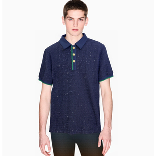 街头珠片套头衬衫 polo衫 领T恤男 短袖 时着春夏精美编织小香风时装