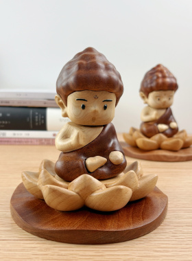 实木Q版禅意佛祖桌面摆件卡通可爱莲花座简约质朴家居摆件礼物