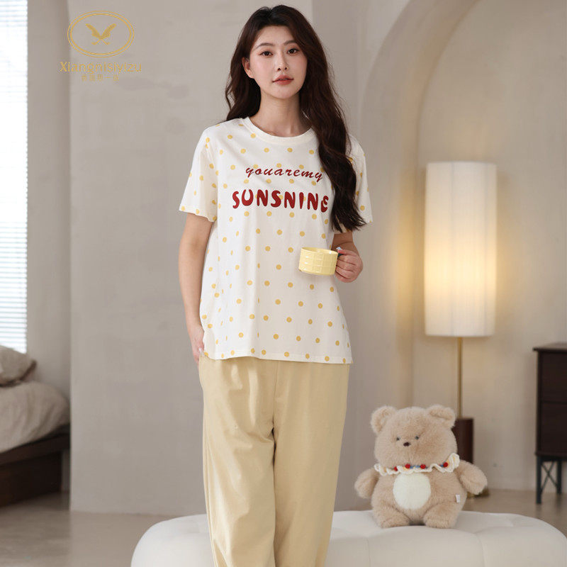 香旎思一族女夏圆领套头二件套休闲圆点纯棉拉架缩裤脚甜美家居服