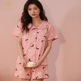 香旎思一族女士纯棉拉架夏季 卡通舒适甜美家居服 开扣翻领短袖 短裤