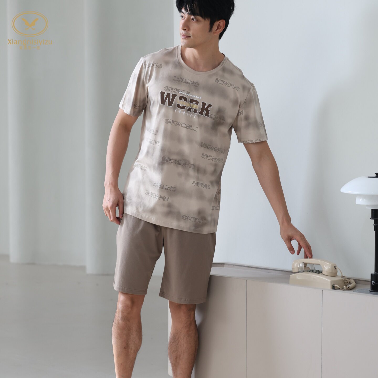 香旎思一族男夏季圆领套头纯棉莫代尔舒适套装短袖短裤舒适家居服