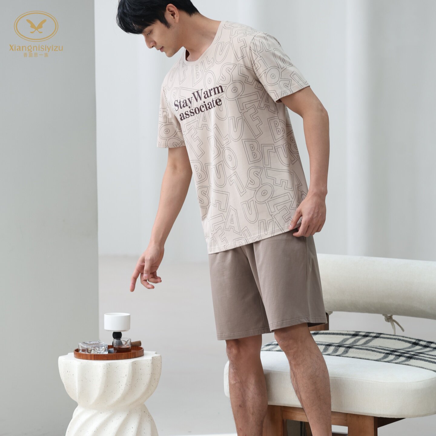 香旎思一族夏季男士纯棉莫代尔圆领套头短袖短裤休闲在家穿家居服