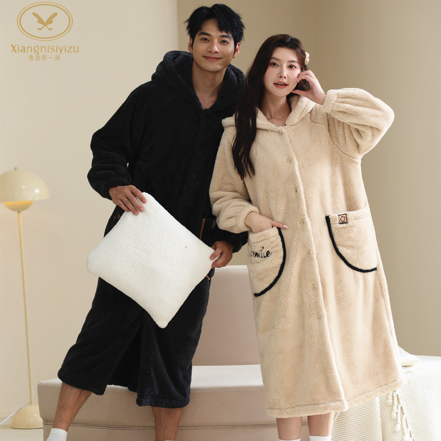 香旎思一族情侣男女冬季法兰绒雪花绒纯色舒适甜美连身带帽家居袍,女士内衣/男士内衣/家居服,睡衣/家居服套装,淘宝优惠券,粉丝福利购,淘宝优惠卷