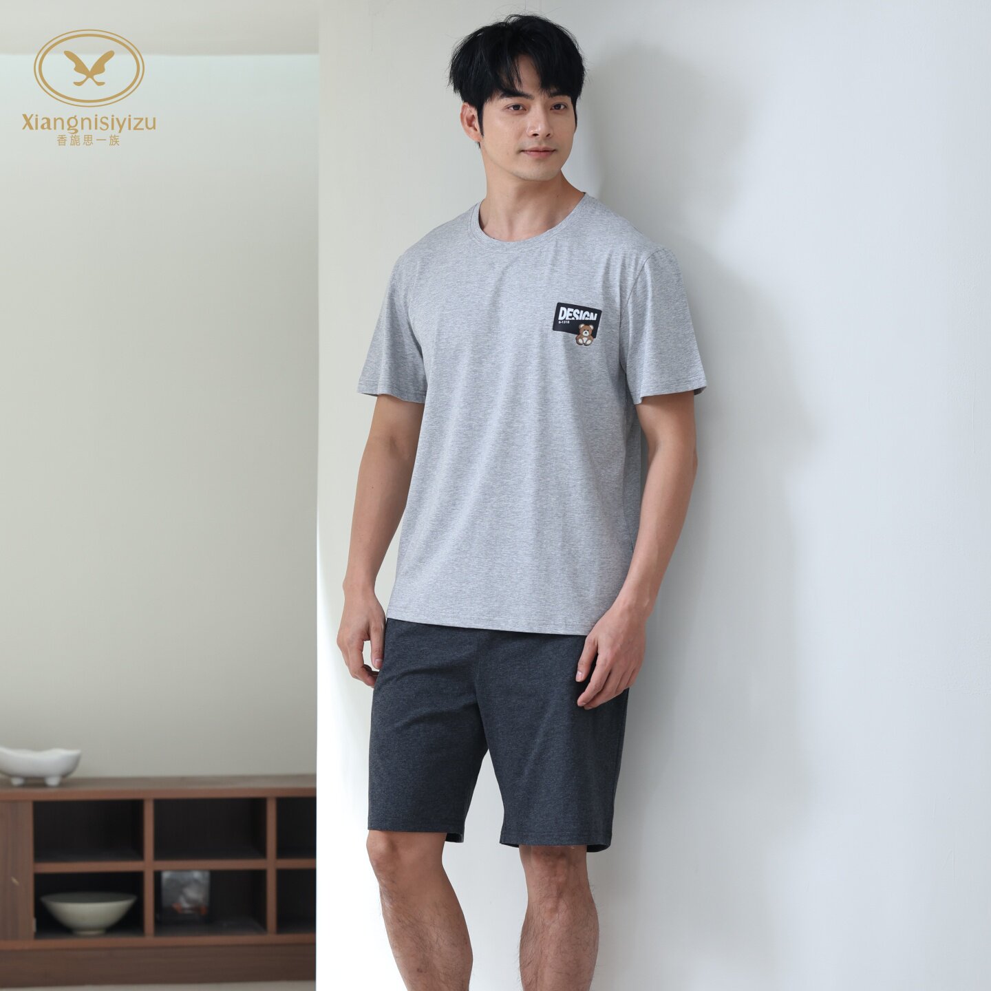 香旎思一族男士夏圆领套头纯色纯棉莫代尔短袖短裤在家休闲家居服