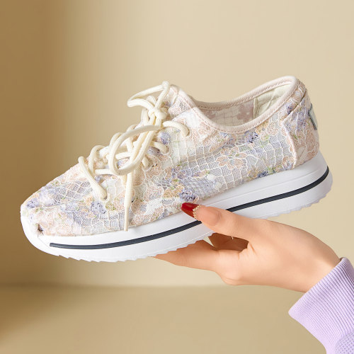 Tt&Mm/汤姆斯女鞋蕾丝帆布鞋2026夏季厚底系带休闲透气轻便休闲鞋