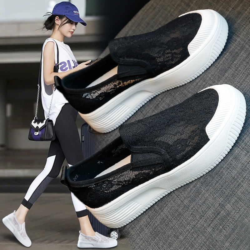 一脚蹬厚底增高网面透气渔夫鞋女夏季2025新款蕾丝妈妈小白乐福鞋