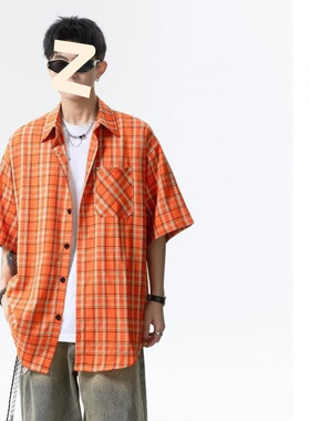 官方正品Mrakeai Kyyds MK潮流夏日多巴胺橙色格纹短袖衬衫男女无