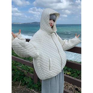 官方正品Mrakeai Kyyds MK菱格纹白色连帽羽绒棉服女冬季新款短款