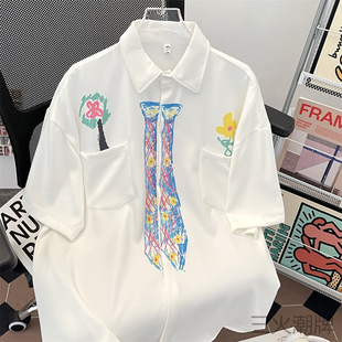 官方正品Mrakeai Kyyds MK蜡笔手绘领带白色短袖衬衫男款夏季设计